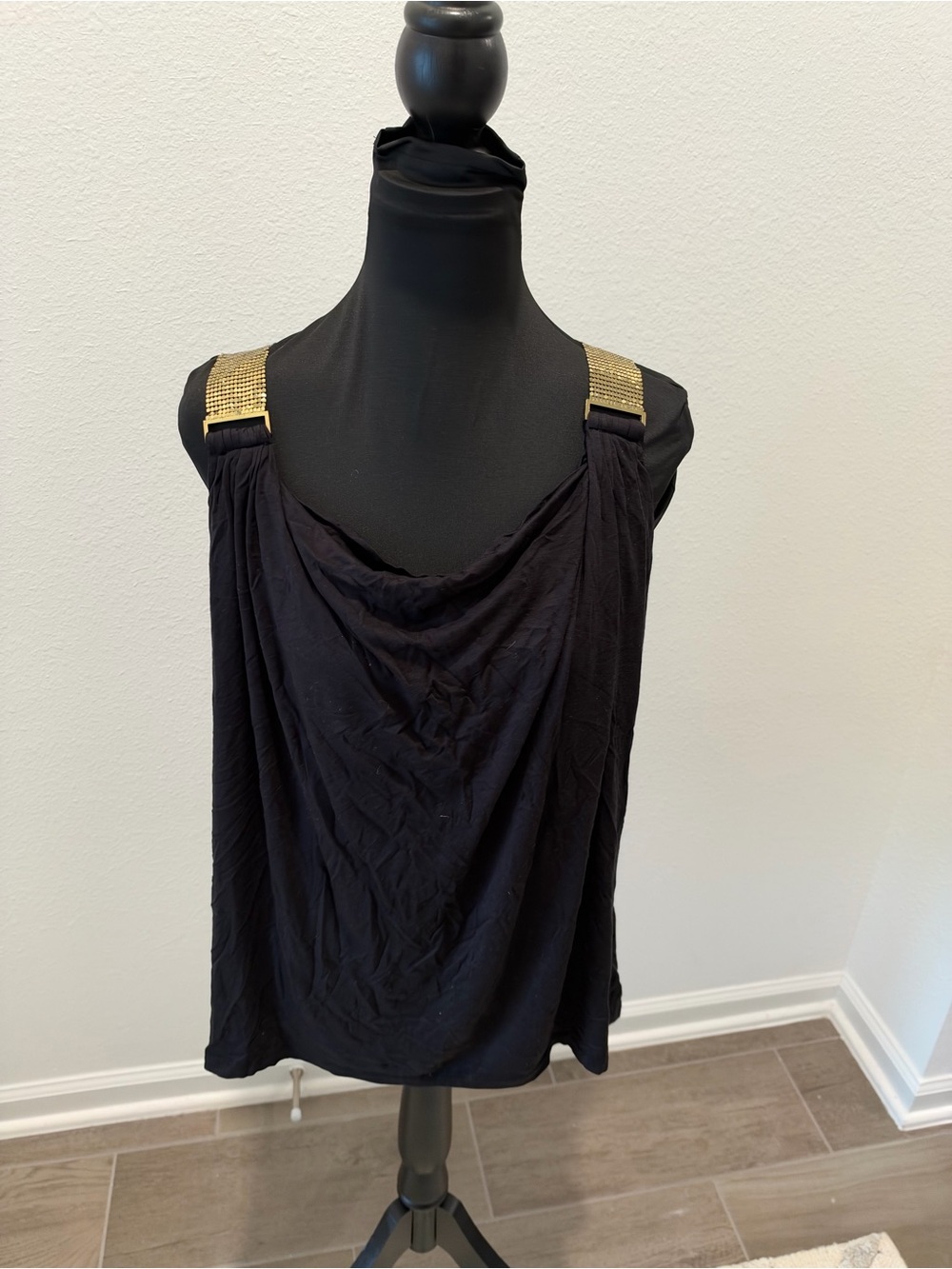Black Drape Neck Tank Top with Gold Strap Detail